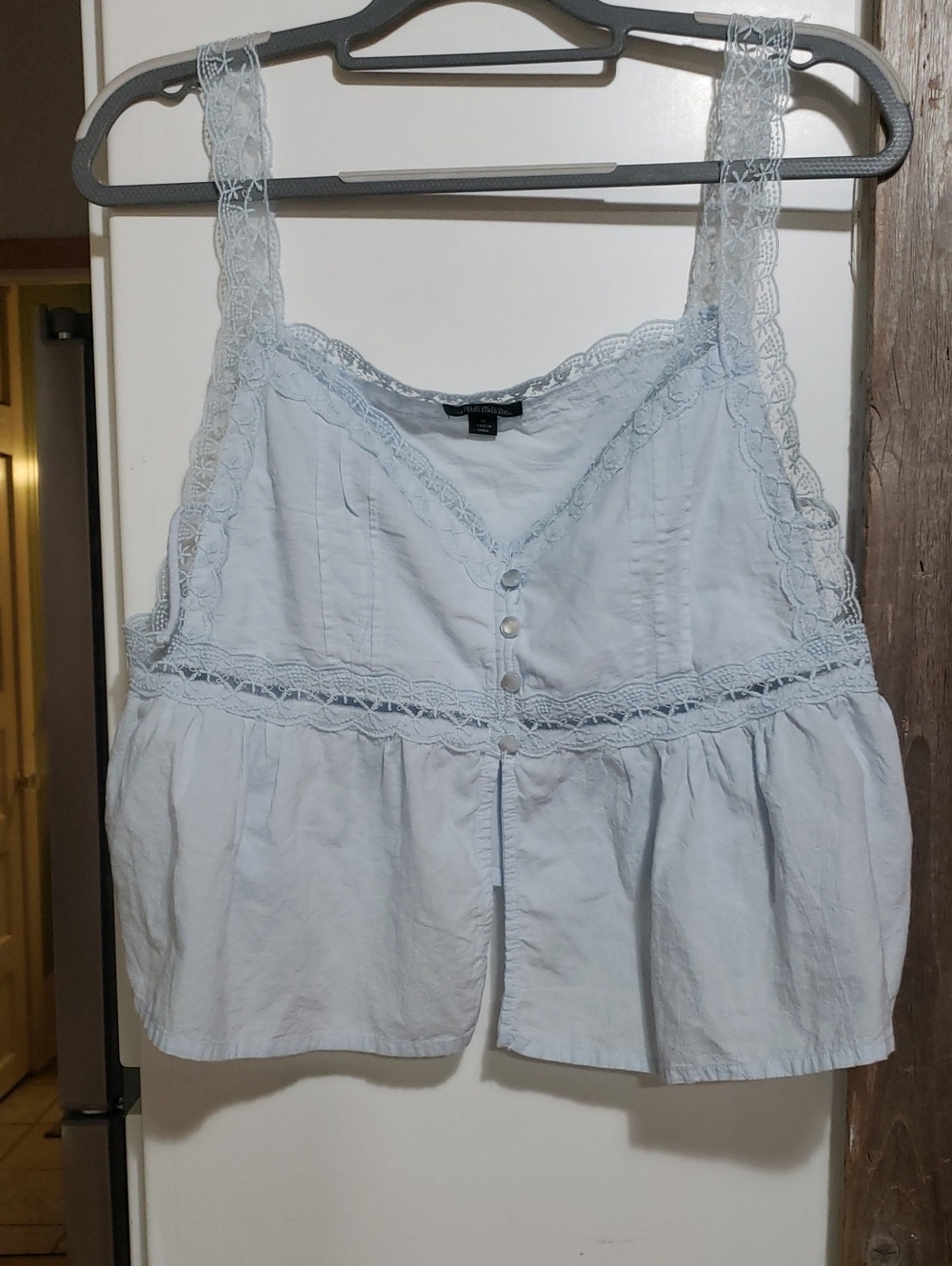 Babydoll Lace Trim Blue Cami Med Ties On Side Relaxed Fit 100% Cotton
